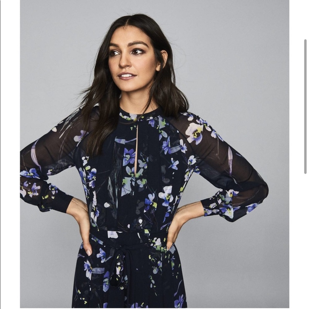 Reiss Navy Floral Midi Dress with Lavender and Green Accents - Picture 16 of 16